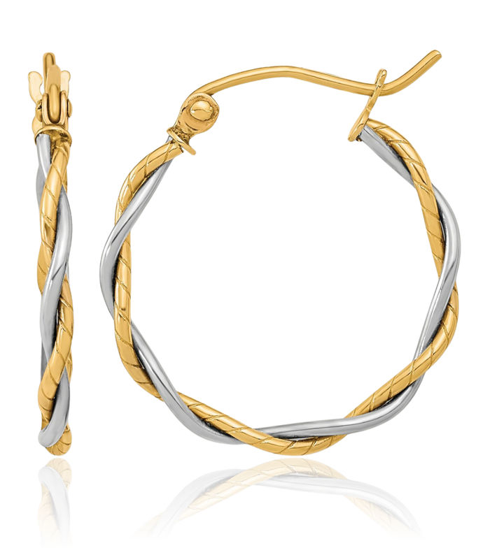 10K Solid Two Tone Gold 1.8mm Twisted Round Medium Hoop Earrings