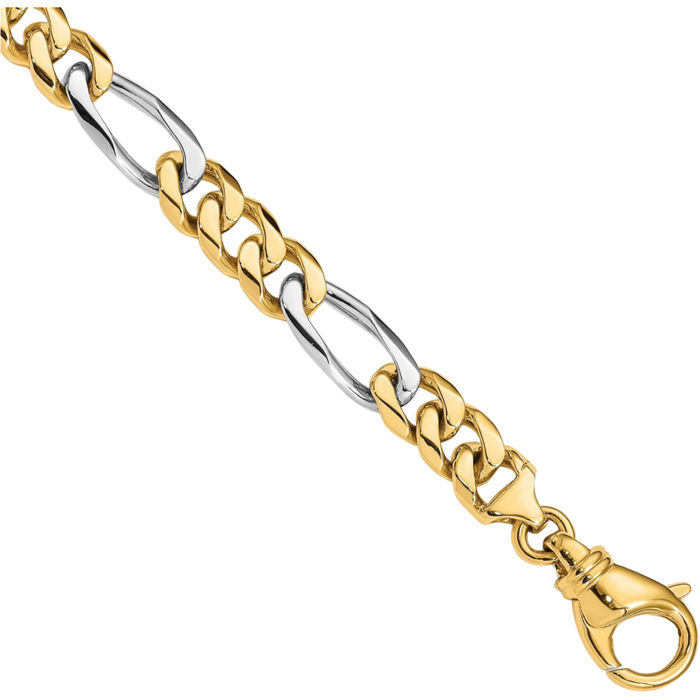 10K Solid Two Tone Gold 7.85mm Figaro Link Chain Bracelet