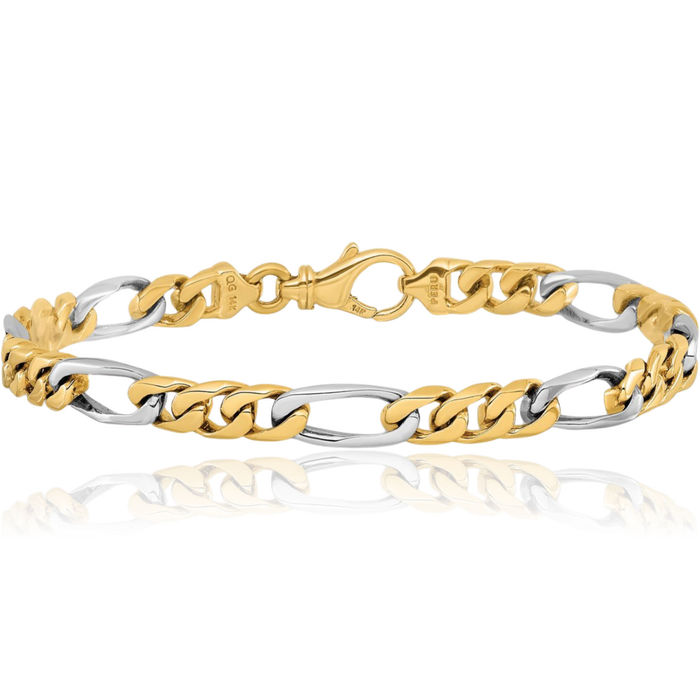 10K Solid Two Tone Gold 7.85mm Figaro Link Chain Bracelet