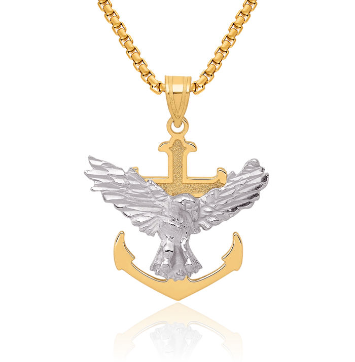 10K Solid Two Tone Gold Anchor Mariner Cross Eagle Necklace American Hawk Bird Head Religious Jesus Christ Pendant Symbol of Strength Freedom Nautical Charm