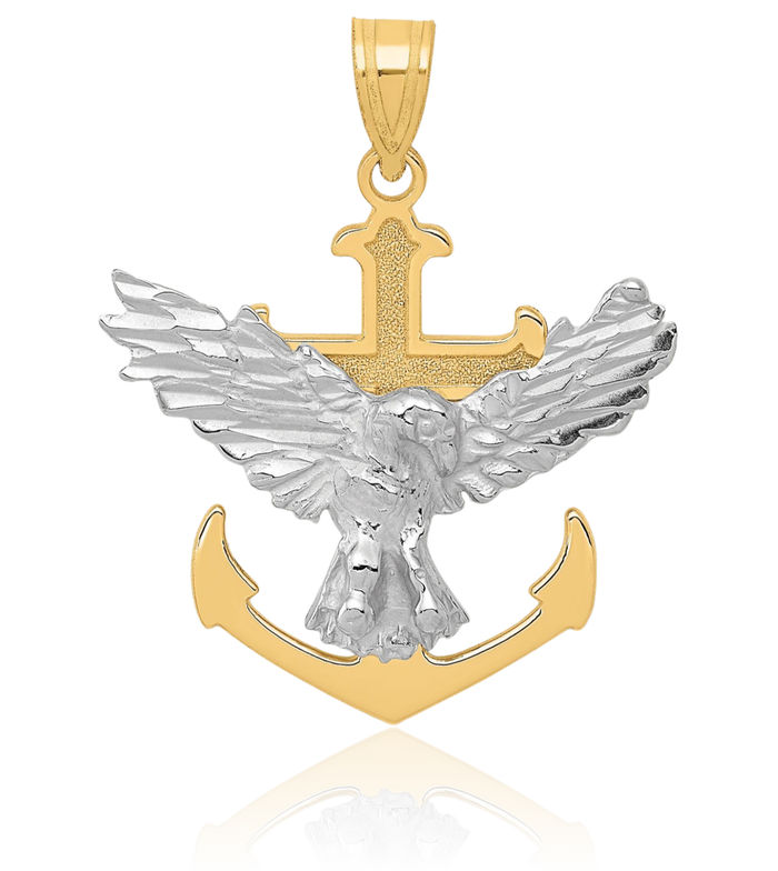 10K Solid Two Tone Gold Anchor Mariner Cross Eagle Necklace American Hawk Bird Head Religious Jesus Christ Pendant Symbol of Strength Freedom Nautical Charm