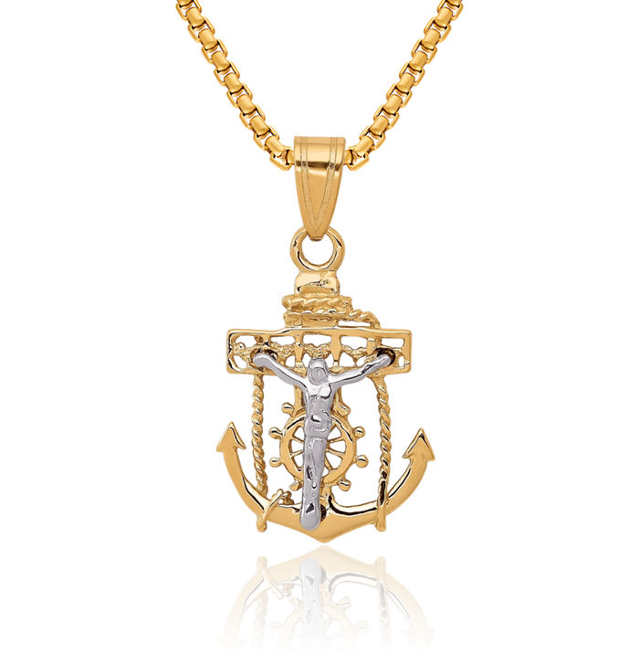 10K Solid Two Tone Gold Anchor Mariner Holy Cross Necklace Religious Chain Pendant Jesus Christ Nautical Charm