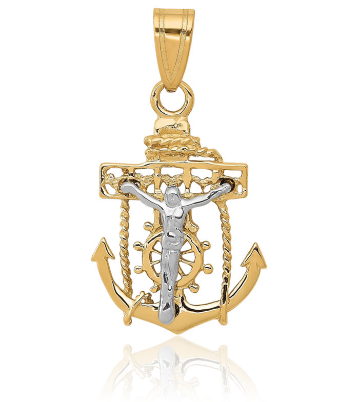 10K Solid Two Tone Gold Anchor Mariner Holy Cross Necklace Religious Chain Pendant Jesus Christ Nautical Charm