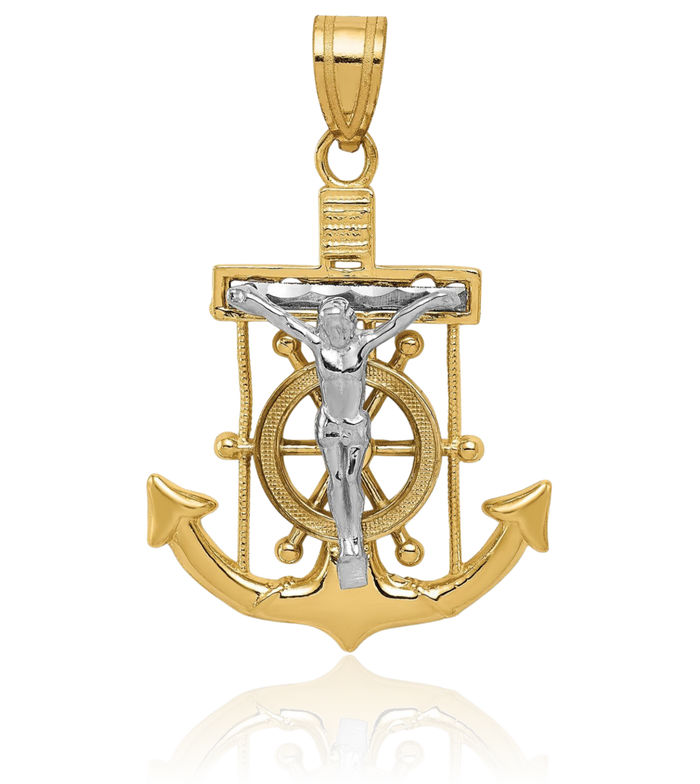 10K Solid Two Tone Gold Anchor Mariner Holy Cross Necklace Religious Chain Pendant Jesus Christ Nautical Charm