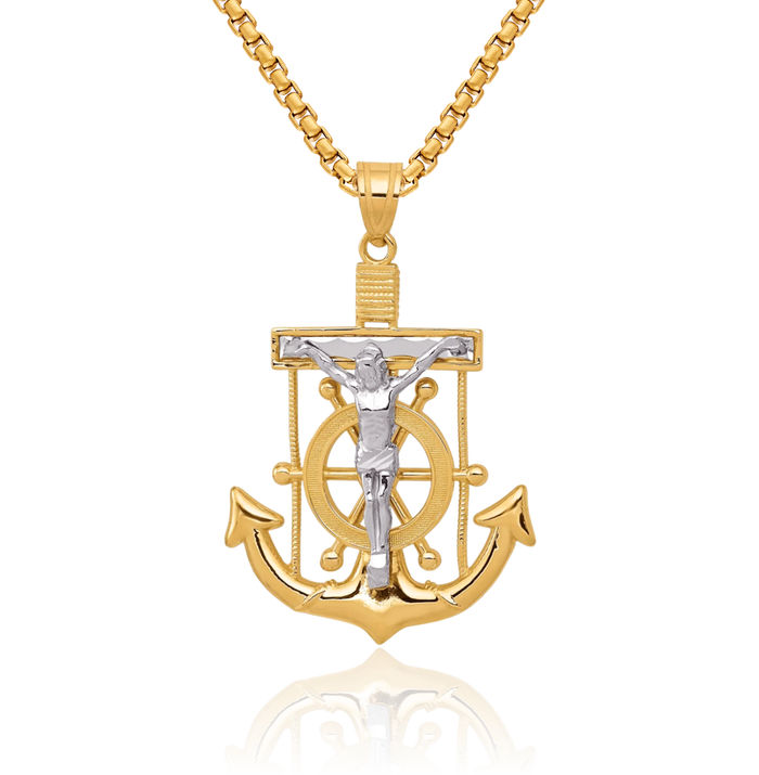 10K Solid Two Tone Gold Anchor Mariner Holy Cross Necklace Religious Chain Pendant Jesus Christ Nautical Charm