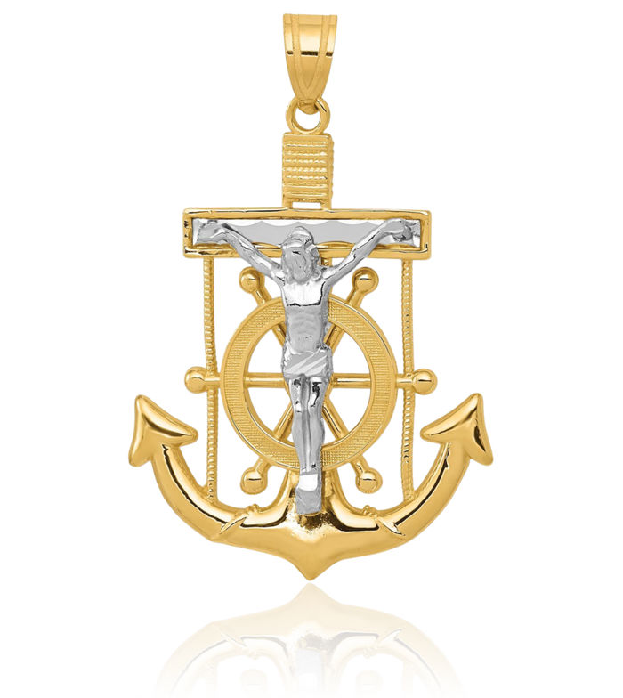 10K Solid Two Tone Gold Anchor Mariner Holy Cross Necklace Religious Chain Pendant Jesus Christ Nautical Charm