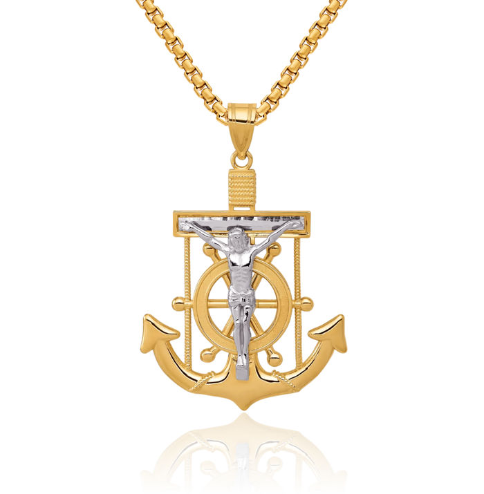 10K Solid Two Tone Gold Anchor Mariner Holy Cross Necklace Religious Chain Pendant Jesus Christ Nautical Charm