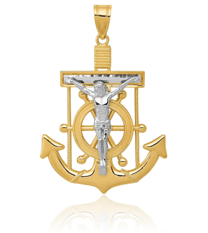 10K Solid Two Tone Gold Anchor Mariner Holy Cross Necklace Religious Chain Pendant Jesus Christ Nautical Charm