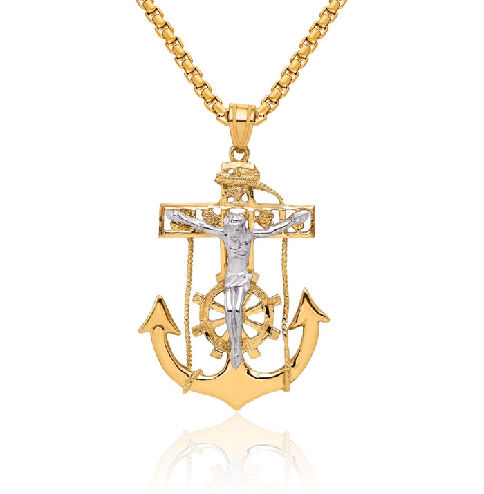 10K Solid Two Tone Gold Anchor Mariner Lord Jesus Christ Crucifix Holy Cross Necklace Religious Chain Pendant Nautical Charm