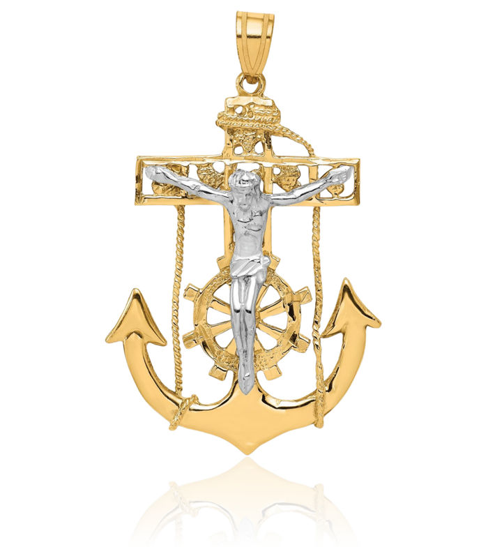 10K Solid Two Tone Gold Anchor Mariner Lord Jesus Christ Crucifix Holy Cross Necklace Religious Chain Pendant Nautical Charm