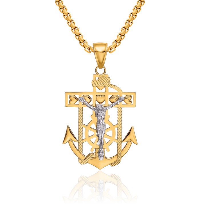 10K Solid Two Tone Gold Anchor Mariner Lord Jesus Christ Crucifix Holy Cross Necklace Religious Chain Pendant Nautical Charm