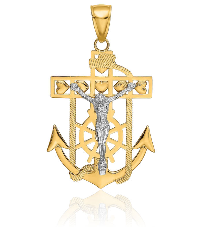 10K Solid Two Tone Gold Anchor Mariner Lord Jesus Christ Crucifix Holy Cross Necklace Religious Chain Pendant Nautical Charm