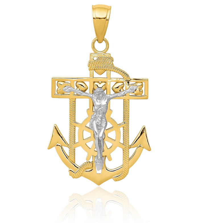10K Solid Two Tone Gold Anchor Mariner Lord Jesus Christ Crucifix Holy Cross Necklace Religious Chain Pendant Nautical Charm