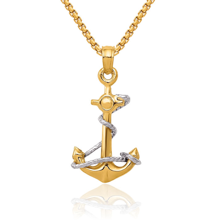 10K Solid Two Tone Gold Anchor Mariner Rope Necklace Nautical Charm Pendant