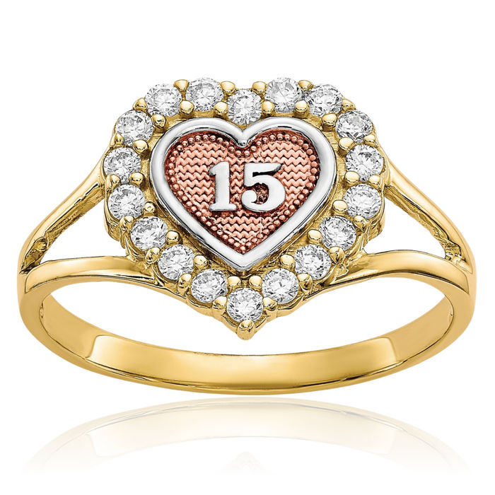 10K Solid Two Tone Gold White Anos Quinceanera Sweet 15 Years Old Birthday Cubic Zirconia CZ Heart Ring Love Band