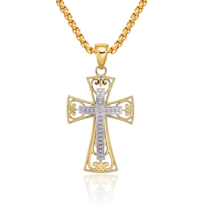 10K Solid Two Tone Gold Beaded Antique Filigree Holy Cross Necklace Religious Chain Pendant Jesus Christ Charm