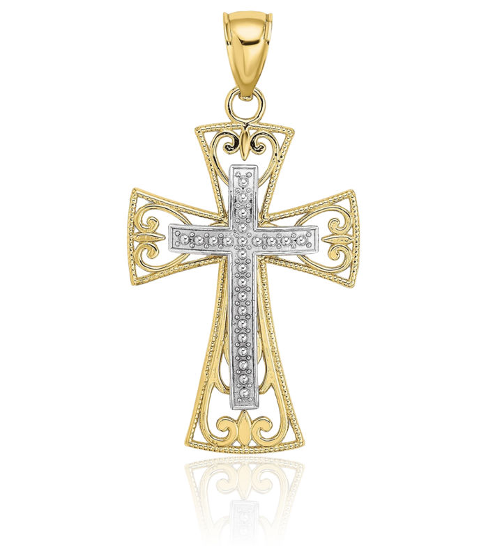 10K Solid Two Tone Gold Beaded Antique Filigree Holy Cross Necklace Religious Chain Pendant Jesus Christ Charm