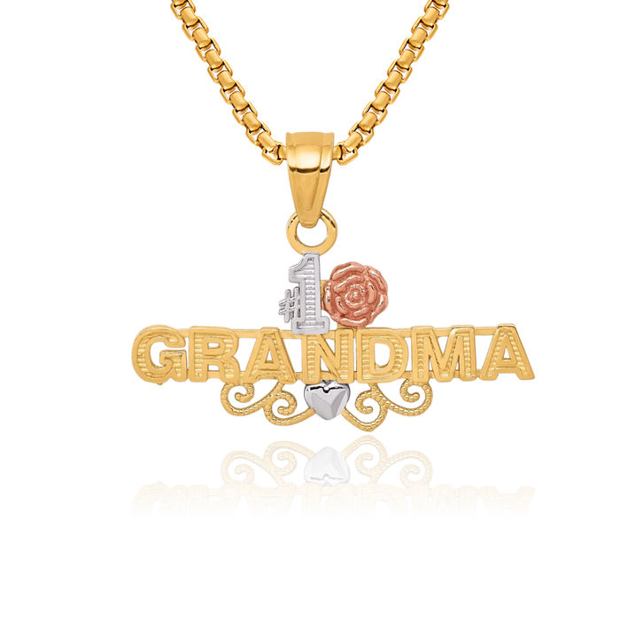 10K Solid Two Tone Gold White Best Grandma Necklace Nana Charm Grandmother Pendant