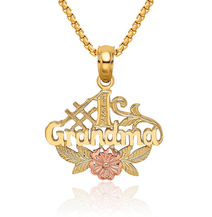 10K Solid Two Tone Gold Best Grandma Rose Flower Necklace Nana Charm Grandmother Pendant