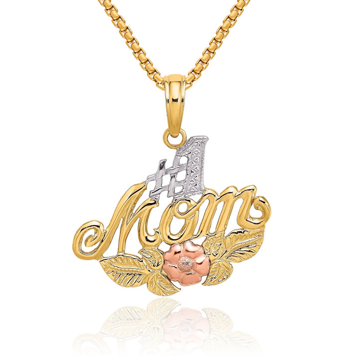 10K Solid Two Tone Gold White Best Mom Flower Necklace Mama Charm Mother Pendant