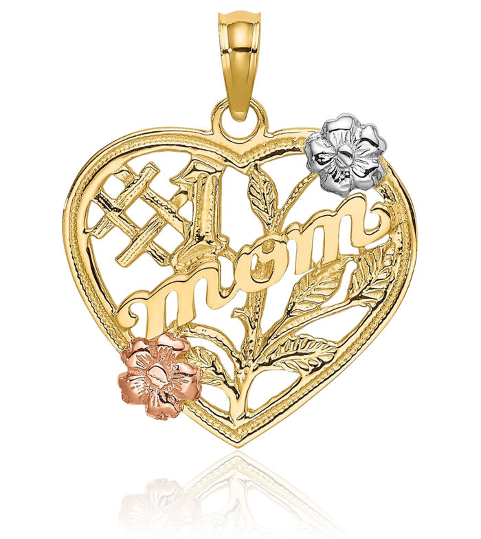 10K Solid Two Tone Gold White Best Mom Heart Flower Necklace Mama Charm Mother Pendant
