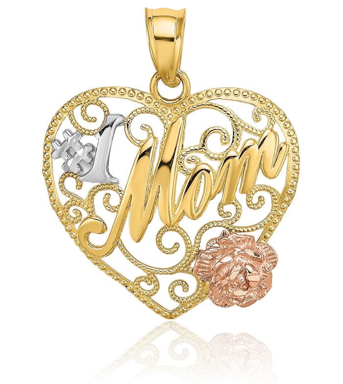 10K Solid Two Tone Gold White Best Mom Heart Necklace Mama Charm Mother Pendant