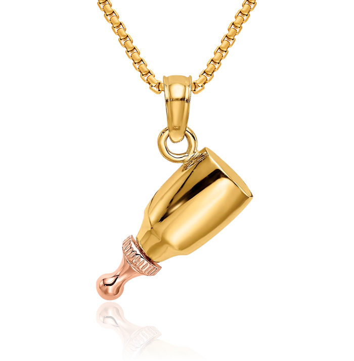 10K Solid Two Tone Gold Bottle Necklace Chain Pendant Charm