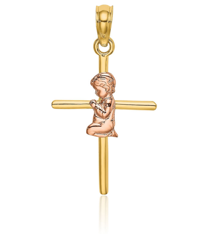 10K Solid Two Tone Gold Boy Holy Cross Necklace Religious Chain Pendant Jesus Christ Charm