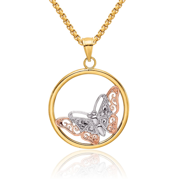 10K Solid Two Tone Gold White Butterfly Wings Necklace Chain Pendant Charm