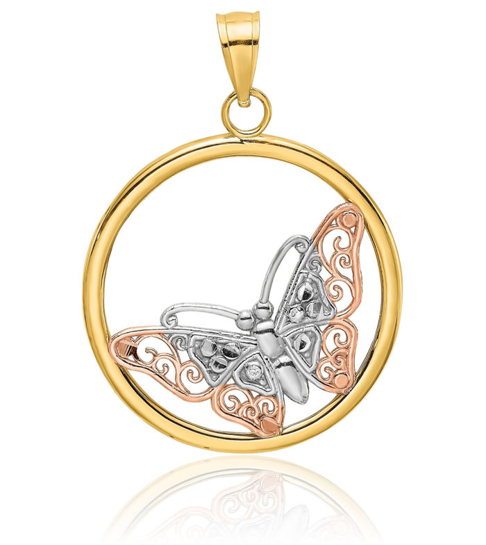 10K Solid Two Tone Gold White Butterfly Wings Necklace Chain Pendant Charm