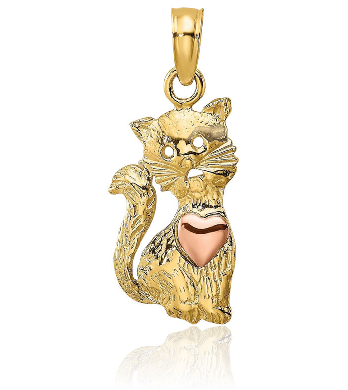10K Solid Two Tone Gold Cat Heart Necklace Love Pendant Charm