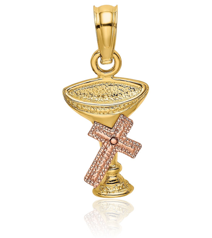 10K Solid Two Tone Gold Communion Cup Holy Cross Necklace Religious Chain Pendant Jesus Christ Charm