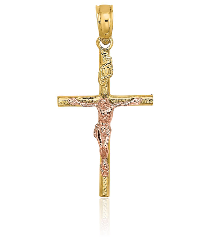 10K Two Tone Cross Lord Jesus Christ Crucifix Holy Cross Necklace