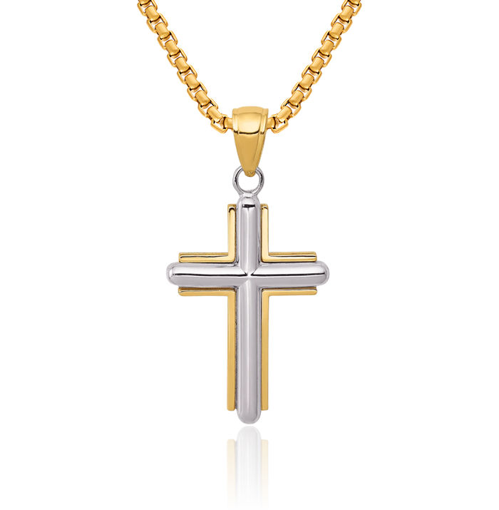 10K Solid Two Tone Gold Latin Mexican Holy Cross Necklace Religious Chain Pendant Jesus Christ Charm