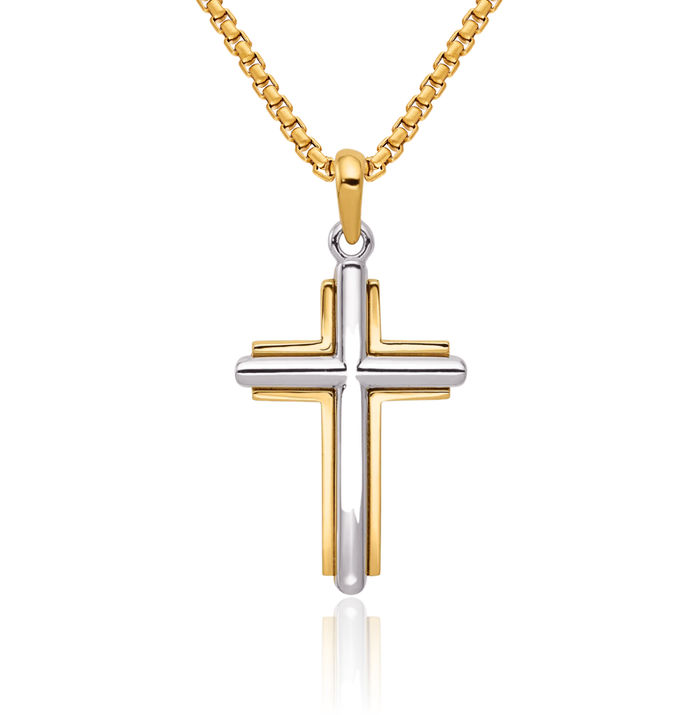 10K Solid Two Tone Gold Latin Mexican Holy Cross Necklace Religious Chain Pendant Jesus Christ Charm