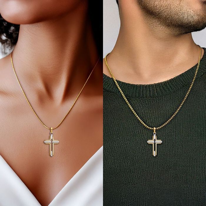 10K Solid Two Tone Gold Latin Mexican Holy Cross Necklace Religious Chain Pendant Jesus Christ Charm