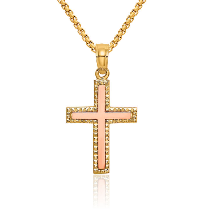 10K Solid Two Tone Gold Latin Mexican Holy Cross Necklace Religious Chain Pendant Jesus Christ Charm