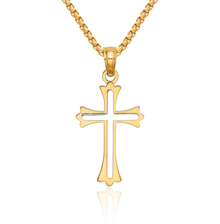 10K Solid Two Tone Gold Holy Cross Necklace Religious Chain Pendant Jesus Christ Charm