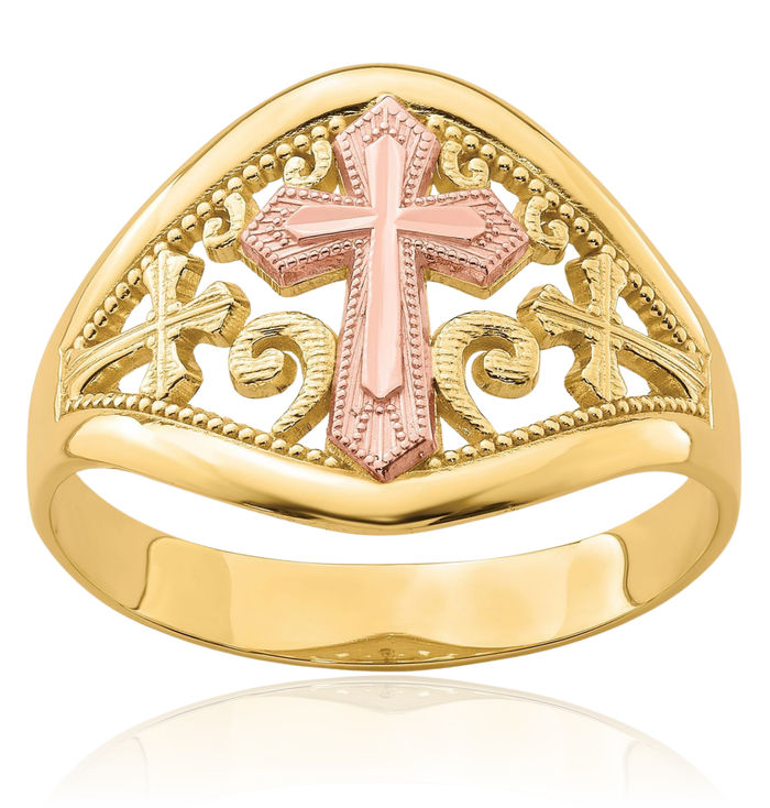 10K Solid Two Tone Gold Holy Cross Ring Christian Religious Band