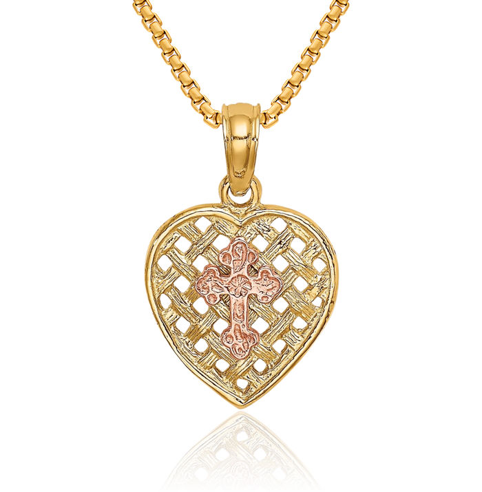 10K Solid Two Tone Gold Cross Woven Heart Necklace Religious Chain Pendant Jesus Christ Charm