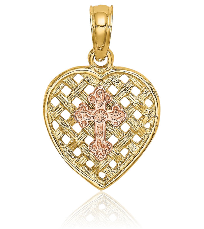 10K Solid Two Tone Gold Cross Woven Heart Necklace Religious Chain Pendant Jesus Christ Charm