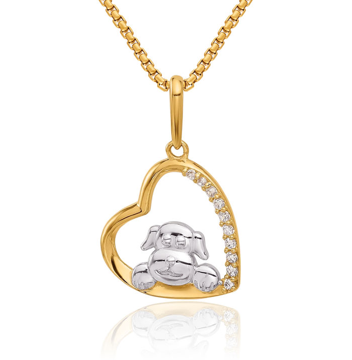 10K Solid Two Tone Yellow White Gold Cubic Zirconia CZ Dog Heart Necklace Love Pendant Charm