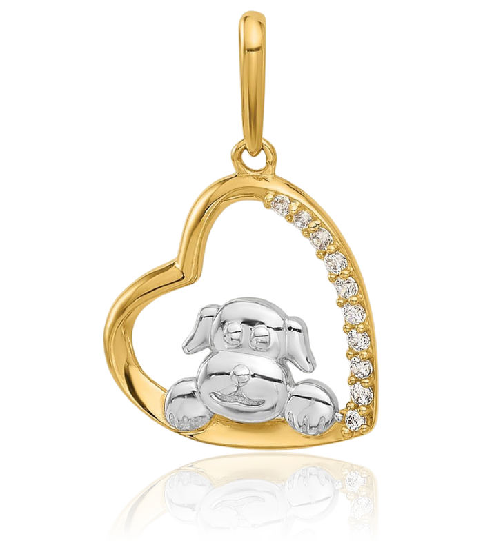 10K Solid Two Tone Yellow White Gold Cubic Zirconia CZ Dog Heart Necklace Love Pendant Charm