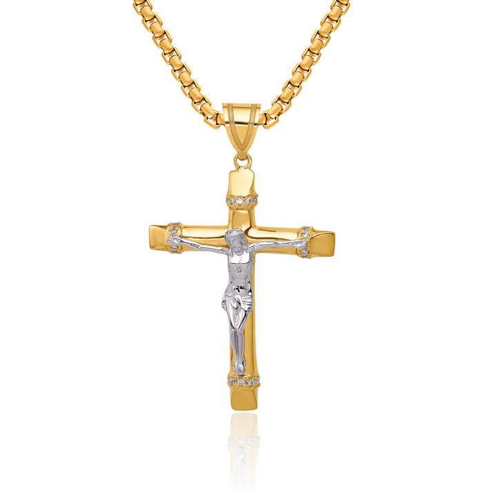 10K Solid Two Tone Gold Cubic Zirconia CZ Lord Jesus Christ Crucifix Holy Cross Necklace Religious Chain Pendant Charm