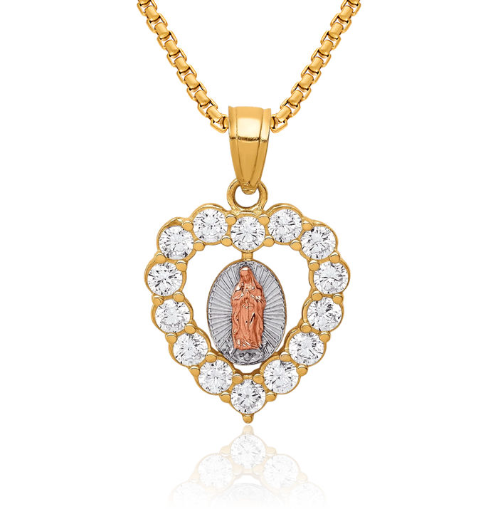 10K Solid Two Tone Gold White Cubic Zirconia CZ Our Lady of Guadalupe Virgin Mary Heart Necklace Virgencita Maria Rosa Pendant Catholic Christian Holy Mother Medallion Charm