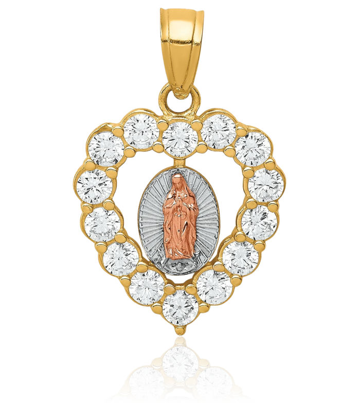 10K Solid Two Tone Gold White Cubic Zirconia CZ Our Lady of Guadalupe Virgin Mary Heart Necklace Virgencita Maria Rosa Pendant Catholic Christian Holy Mother Medallion Charm