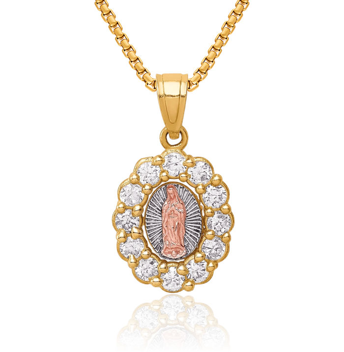 10K Solid Two Tone Gold White Cubic Zirconia CZ Our Lady of Guadalupe Virgin Mary Necklace Virgencita Maria Rosa Pendant Catholic Christian Holy Mother Medallion Charm