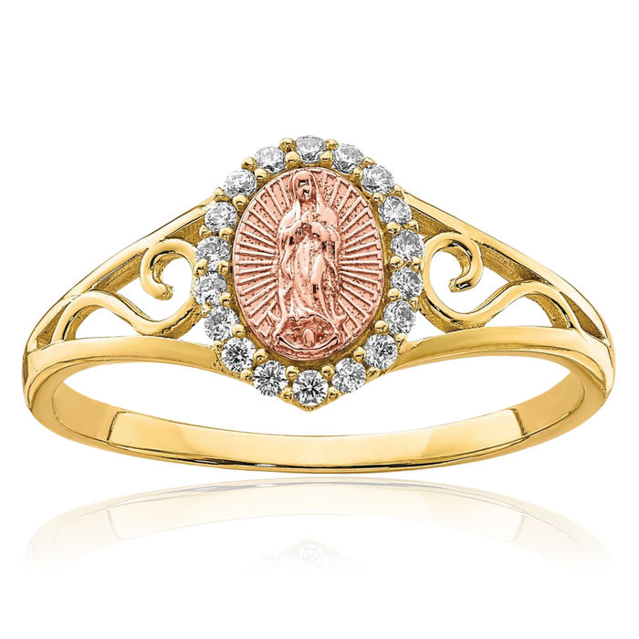 10K Solid Two Tone Gold Cubic Zirconia CZ Our Lady of Guadalupe Virgin Mary Virgencita Maria Rosa Catholic Christian Holy Mother Band