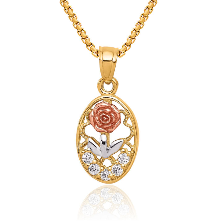 10K Solid Two Tone Gold White Cubic Zirconia CZ Rose Flower Necklace Chain Pendant Charm