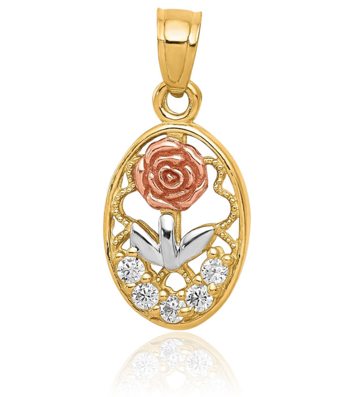10K Solid Two Tone Gold White Cubic Zirconia CZ Rose Flower Necklace Chain Pendant Charm